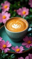 Latte art heart in turquoise cup surrounded by pink cosmos flowers on rustic background. Romantic coffee composition with foam design and fresh garden blooms.
