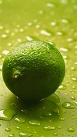 Fresh whole lime with water drops on green background, macro shot showing detailed citrus fruit texture and natural moisture for food photography.