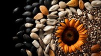 Vibrant orange sunflower among assorted seeds and nuts including black sunflower seeds, pumpkin seeds, almonds and quinoa on dark background for healthy eating concept.