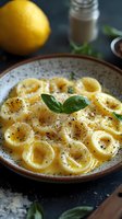 Orecchiette pasta in creamy lemon sauce garnished with fresh basil leaves and black pepper on rustic ceramic plate, dark moody background with fresh citrus.