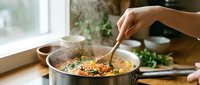 Person cooking healthy vegetable stir-fry in kitchen pan with wooden spoon, fresh ingredients and natural lighting for culinary content.
