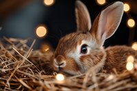Brown bunny with long ears resting in hay nest against dark background with golden bokeh lights creating magical holiday atmosphere. Suitable for greeting cards.
