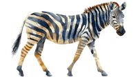Watercolor zebra walking in profile view, artistic wildlife illustration with natural brown and navy blue stripes on white background, decorative African animal.