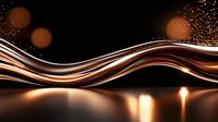 Elegant copper waves flow with glowing light streaks against dark background, creating dynamic motion effect with bokeh and reflective surface.