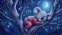 Adorable koala in red polka dot pajamas sleeping peacefully on tree branch under starry night sky with crescent moon for children's bedtime stories.