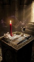 Mystical altar with burning red candle, crystal cluster, chalice and ritual tools on ancient wooden table in stone chamber with magical purple smoke.