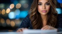 Young Hispanic woman with wavy brown hair and glamorous makeup gazes at camera, wearing sparkly dark outfit against blurred bokeh lights background. Professional portrait.