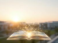 Open book with glowing light and magical sparkles floating above pages against blurred cityscape at sunrise, symbolizing knowledge, education, learning, and wisdom for academic and inspirational projects.