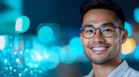 Young Asian businessman wearing glasses smiles confidently against blurred city lights background in turquoise and gold bokeh effect creating modern corporate atmosphere.