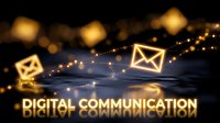 Digital communication concept with glowing email icons and golden bokeh lights on dark background for marketing and technology presentations.