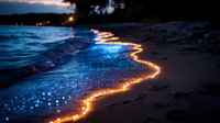 Glowing bioluminescent waves wash up on dark sandy beach at night, creating magical blue light patterns along shoreline as ocean meets land. Natural phenomenon.