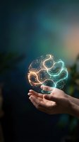 Glowing digital brain with circuit patterns floating above open hands representing artificial intelligence and machine learning technology concepts.
