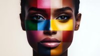 Young woman with medium skin tone, bold geometric color blocks covering face in pink, green, blue, yellow, and red sections, artistic makeup concept for creative design and beauty campaigns.