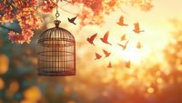 Birds flying free from open birdcage at sunset with autumn leaves and golden bokeh background, symbolizing freedom, liberation and hope concept.