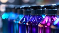 Colorful liquid bottles with black caps in row against blurred bokeh background, featuring vibrant purple, blue and pink tones for cosmetic or spa concept.