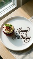 Red velvet cupcake with cream frosting and mint on white plate with Happy Birthday chocolate script, natural window light.