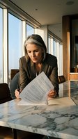 Mature woman, Caucasian, professional businesswoman in charcoal blazer reviewing documents at marble desk in modern office with floor-to-ceiling windows, suitable for corporate, finance, and business concepts.