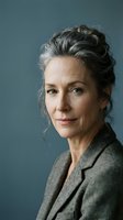 Mature woman with salt-and-pepper hair styled in an updo, wearing a gray blazer against a blue-gray background. Professional headshot for business, corporate, and editorial use.