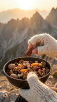 Hiker in cream knit gloves holding bowl of mixed nuts and dried fruits at sunrise in mountains, outdoor snacking and trekking nutrition.