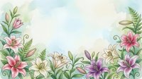 Watercolor floral frame with pink and purple lilies, green leaves and ferns on soft pastel background for wedding invitations and greeting cards.