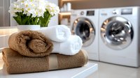 Fresh folded towels in brown and white stacked on laundry room counter with white narcissus flowers in vase and modern washing machines in background.