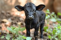 Adorable newborn black Angus calf standing in natural environment surrounded by green foliage and autumn leaves, close-up portrait showing curious expression.