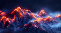Glowing mountain peaks illuminated by fiery orange light against dark blue night sky, creating dramatic landscape with mystical atmosphere and ethereal fog effects.