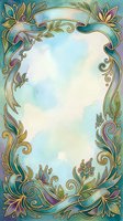 Art nouveau floral frame in teal, gold and purple watercolor with ornate swirls, leaves and flowers surrounding a soft cloudy center copy space.