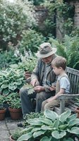 Elderly grandfather teaching young grandson about plants while sitting on garden bench surrounded by lush greenery and potted plants in backyard setting.