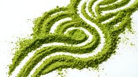 Vibrant green matcha powder arranged in flowing, organic wave patterns on white background, creating abstract swirls and curves for culinary, wellness, and design projects.