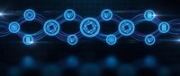Digital blockchain network with glowing blue nodes and interconnected security icons representing cryptocurrency, data protection, and distributed ledger technology for fintech applications.