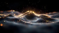 Glowing golden particles form abstract wave pattern against dark background with bokeh light effects and shimmering dots creating magical atmosphere.