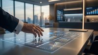Businessman using futuristic holographic interface with data analytics charts and graphs in modern office with city skyline view at sunset.
