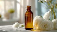 Amber essential oil bottle with white roses in soft natural light, aromatherapy concept for wellness, skincare, and relaxation.