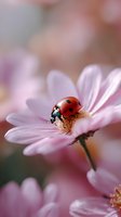 Red ladybug resting on soft pink daisy petal in dreamy garden setting with blurred background, showcasing delicate natural harmony and macro detail.