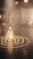 Glowing human silhouette standing in luminous energy circles with golden light particles and bokeh background for spiritual and technology concepts.