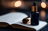 Dark blue glass dropper bottle with gold cap placed on open book pages against blurred bokeh lights background, creating luxurious cosmetic mood.