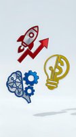 Startup business growth icons set with rocket, upward arrow, brain gears, and dollar lightbulb isolated on white background for entrepreneurship and innovation design projects.