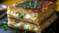 Grilled cheese sandwich with melted cheddar and mozzarella, garnished with fresh herbs. Golden-brown toasted bread reveals gooey cheese pull. Close up food photography.