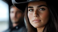 Young woman with long dark hair wearing black cowboy hat looking confidently at camera, close up portrait with soft natural lighting and blurred background.