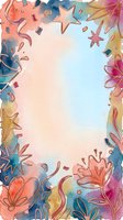 Colorful watercolor floral and star border frame with vibrant gradient washes in coral, blue, and gold tones. Isolated on white background, ready for greeting cards, invitations, and design projects.