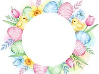 Watercolor Easter wreath with decorated eggs, baby chicks, tulips and spring flowers on white background. Festive circular frame for holiday greeting cards.
