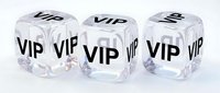 Transparent glass dice with VIP text for luxury gaming, casino themes, exclusive membership concepts, premium service marketing materials and high-end branding.