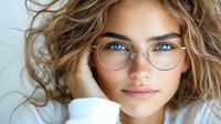 Young woman with blue eyes wearing round glasses and white sweater, natural makeup and wavy blonde hair against light background, soft daylight portrait.
