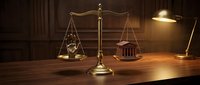 Golden scales of justice with gavel and courthouse model on wooden desk in warm lamp light representing legal system, law firm office, attorney services.