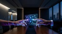Business professionals connecting through holographic technology interface in modern office environment for digital collaboration and innovation.