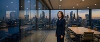 Professional Asian businesswoman in dark suit standing confidently in modern office conference room with floor-to-ceiling windows overlooking city skyline at dusk.