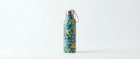 Reusable water bottle with geometric triangle pattern in blue and yellow tones, featuring metal cap and carrying loop, suitable for eco-friendly lifestyle and sustainable product marketing.