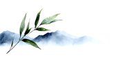 Minimalist watercolor composition featuring delicate green bamboo leaves against misty blue mountain silhouette, expressing zen and tranquility in Asian style.
