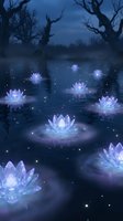Mystical glowing lotus flowers floating on dark water at twilight with sparkling lights and bare trees creating enchanting spiritual atmosphere.